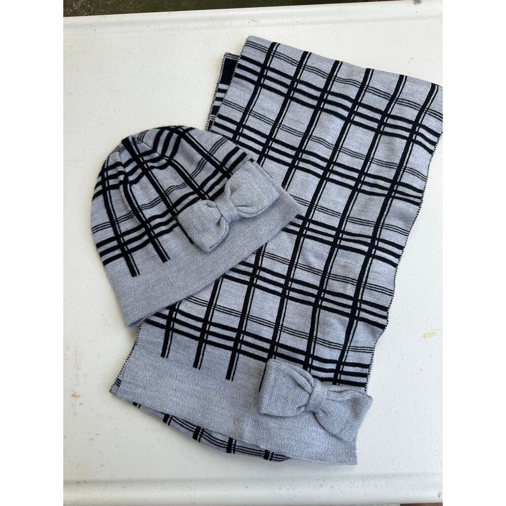 NWOT Kate Spade New York Plaid Grey Melange Black Bow Muffler Beanie Hat Set OS
